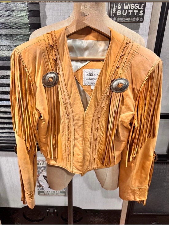 Jackets & Blazers - Vintage Tan Leather Fringe Jacket with Concho Accents